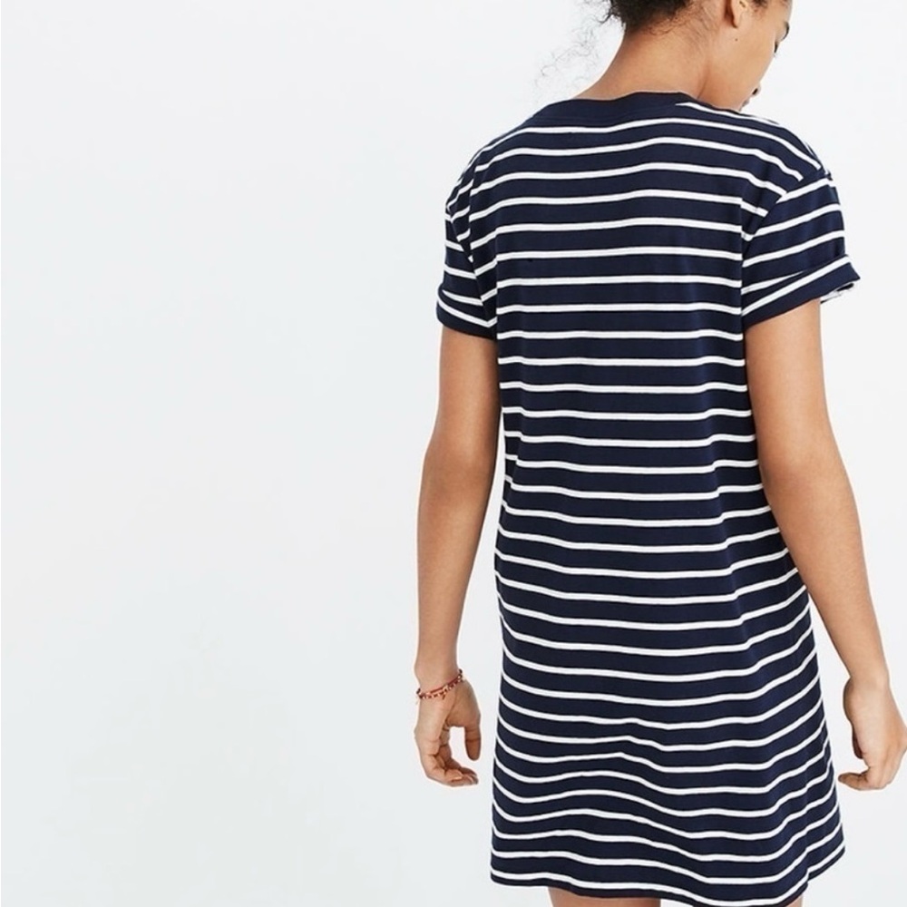 Madewell Tina Stripe Crew Neck T-Shirt Dress Blue White Cotton Womens L Preppy - Picture 3 of 14